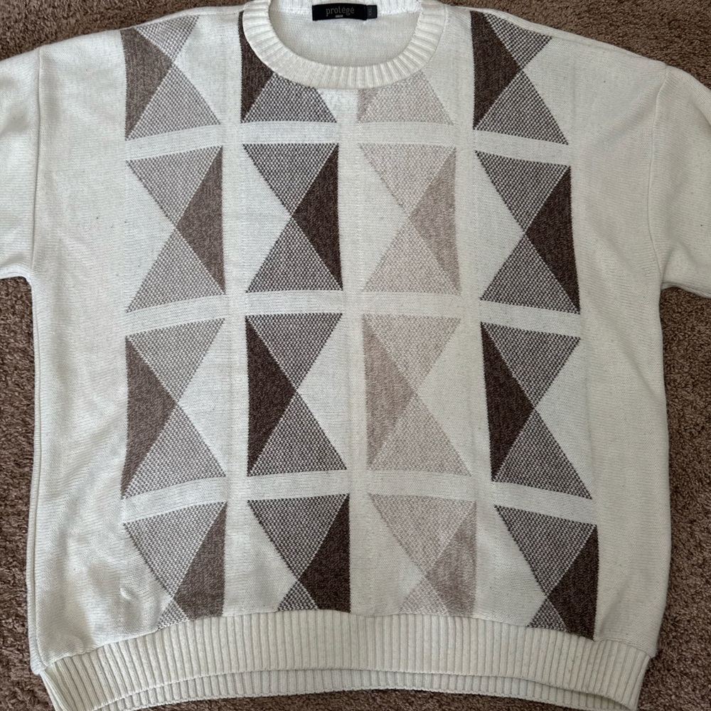 Vintage Protege Geometric Triangle Knit Sweater Mens XXL Cream Brown Made in USA